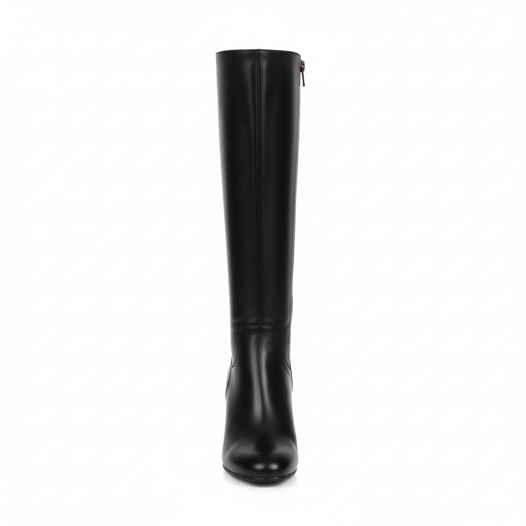 Front view of women's black leather knee-high boots with block heel and full-length zipper