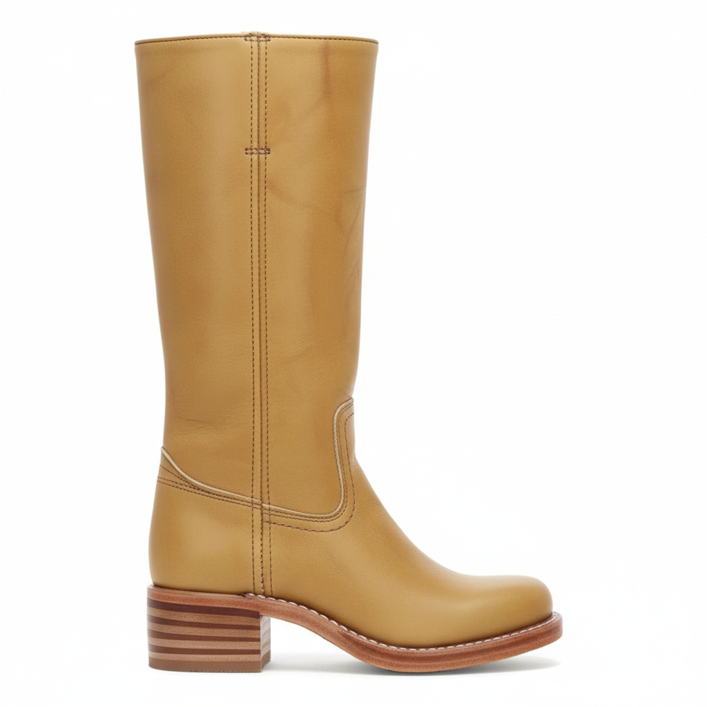 Side view of women's tan leather knee-high boots with wooden stacked block heel and full shaft