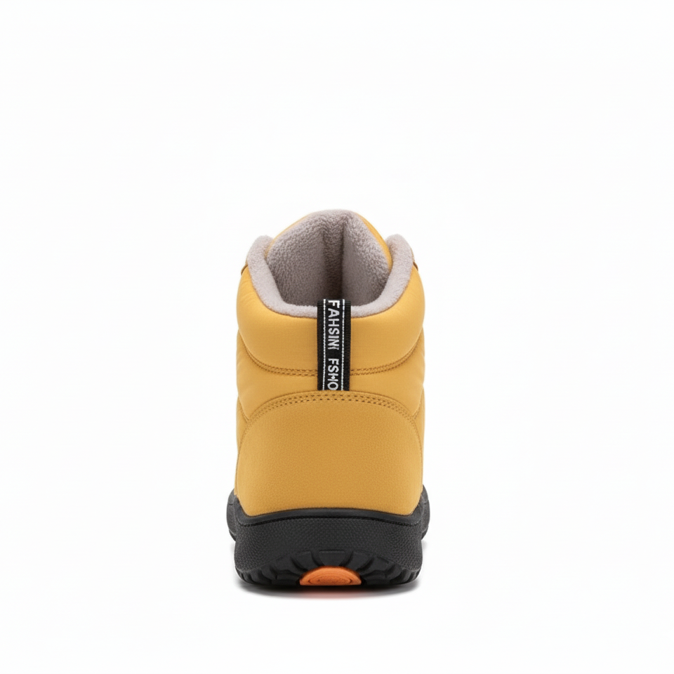 Mustard yellow barefoot winter boots displaying wide toe box design and rugged rubber outsole